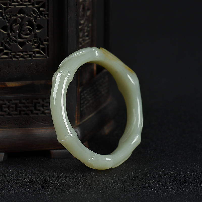 53mm天然籽料和田青白玉节节高升手镯-红掌柜