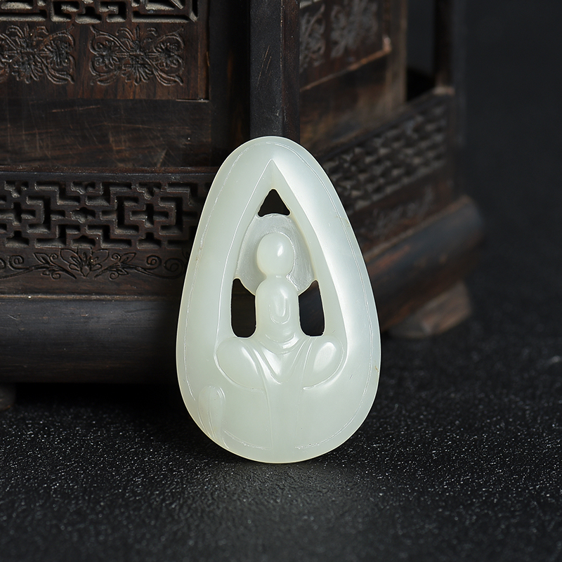 新疆天然籽料和田白玉禅悟吊坠-红掌柜