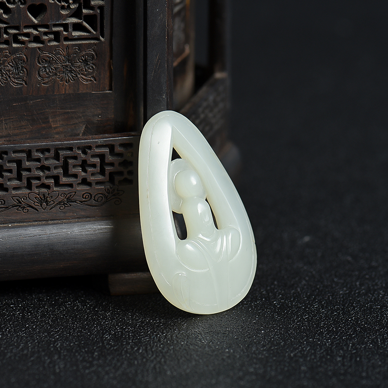 天然籽料和田白玉禅悟吊坠-红掌柜