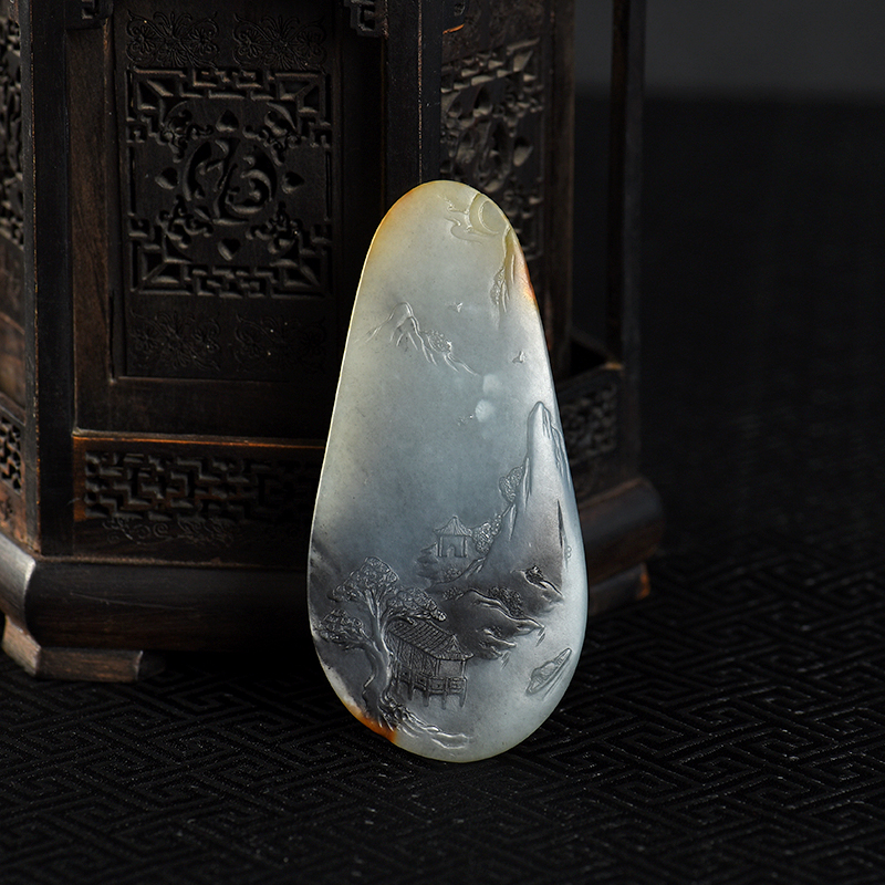 新疆天然籽料和田青花玉山水吊坠-红掌柜