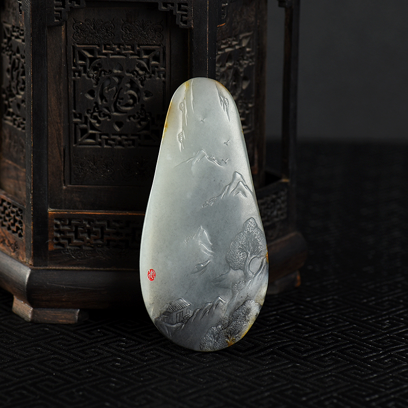 缅甸天然籽料和田青花玉山水吊坠-红掌柜