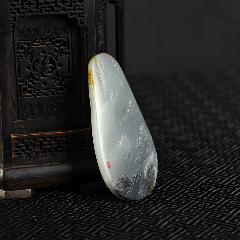 天然籽料和田青花玉山水吊坠-红掌柜