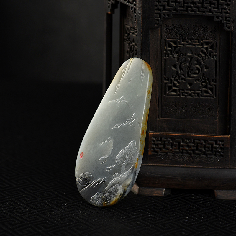 缅甸籽料和田青花玉山水吊坠-红掌柜