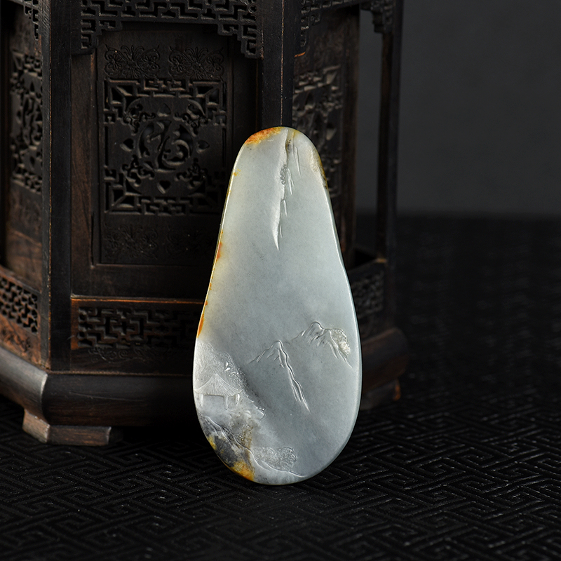 缅甸天然和田青花玉山水吊坠-红掌柜