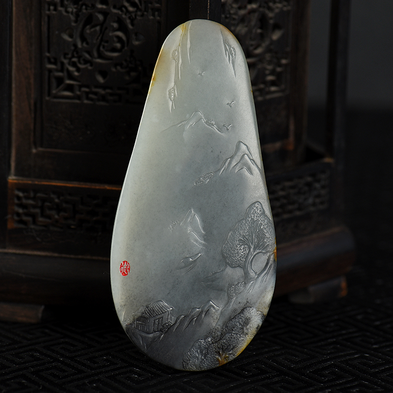 缅甸天然籽料和田青花玉吊坠-红掌柜