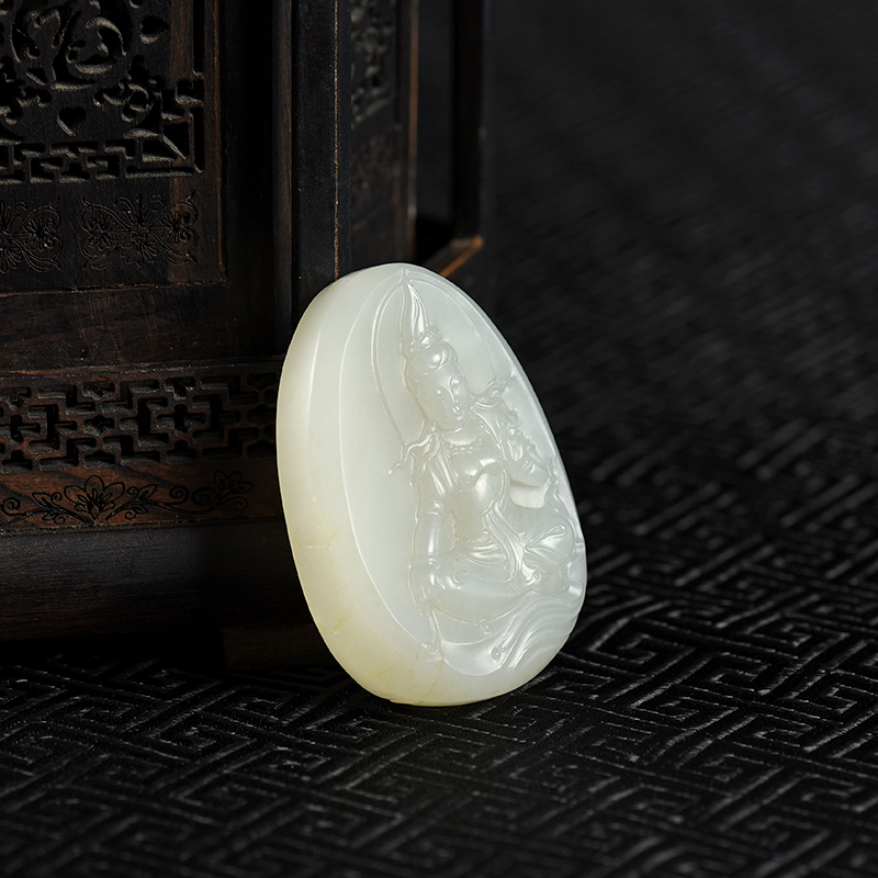 天然籽料和田白玉度母吊坠-红掌柜