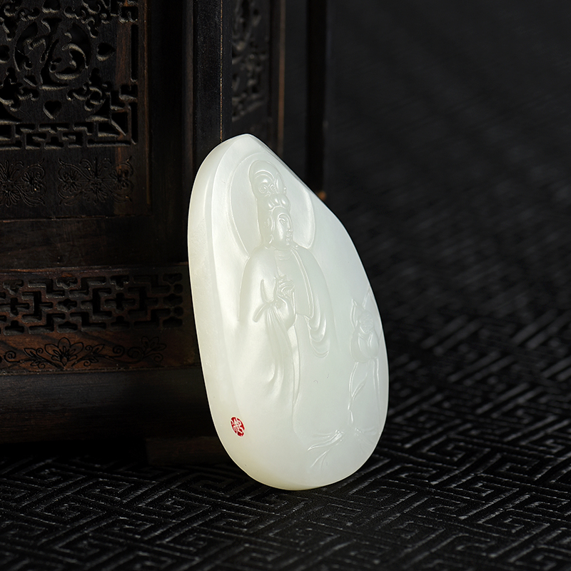 天然籽料和田羊脂白玉观音吊坠-红掌柜