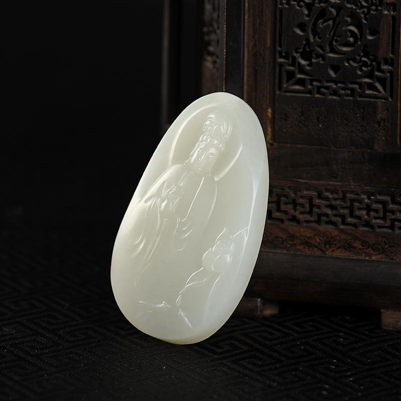 新疆籽料和田羊脂白玉观音吊坠-红掌柜