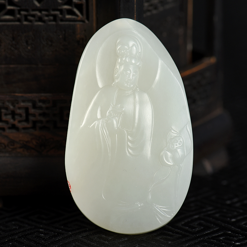 新疆天然籽料和田羊脂白玉吊坠-红掌柜