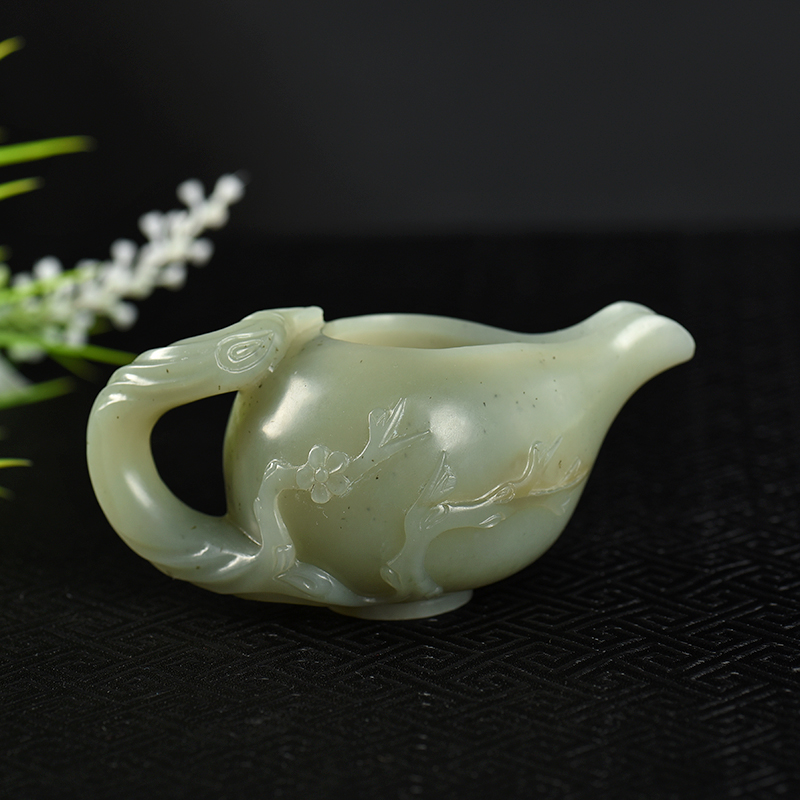 新疆天然山料和田青白玉喜上眉梢茶壶-红掌柜