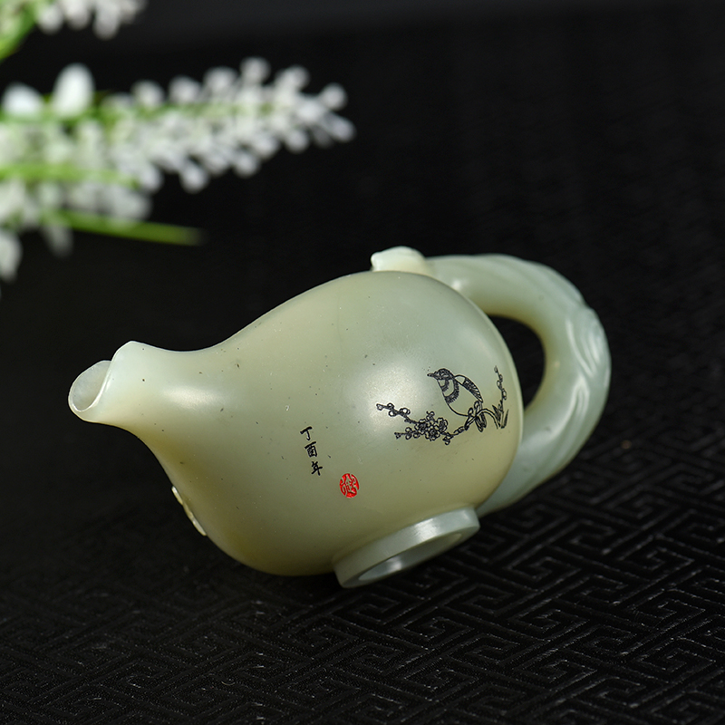 新疆山料和田青白玉喜上眉梢茶壶-红掌柜