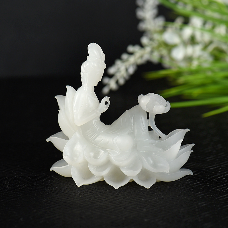 新疆天然山料和田白玉莲花观音摆件-红掌柜