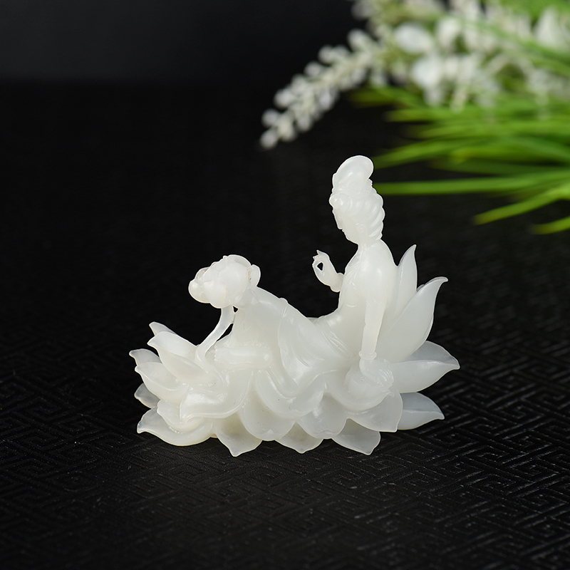 天然山料和田白玉莲花观音摆件-红掌柜