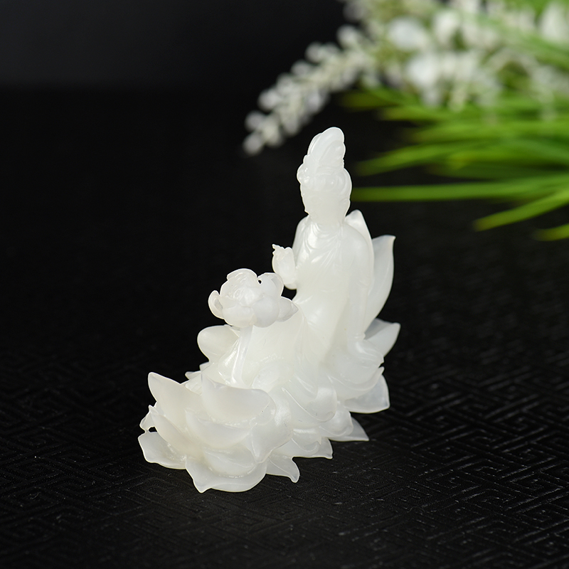 新疆山料和田白玉莲花观音摆件-红掌柜