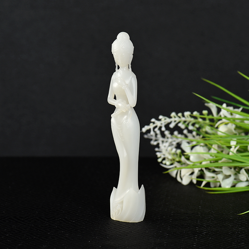 新疆山料和田白玉窈窕淑女摆件-红掌柜