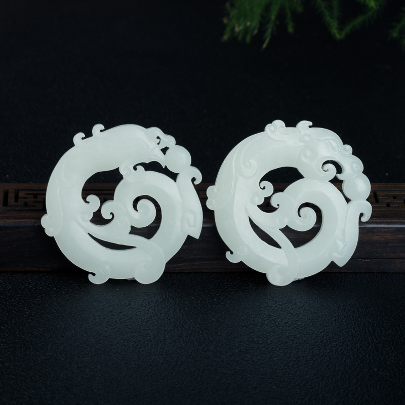 天然新疆和田白玉龙凤呈祥套装-红掌柜