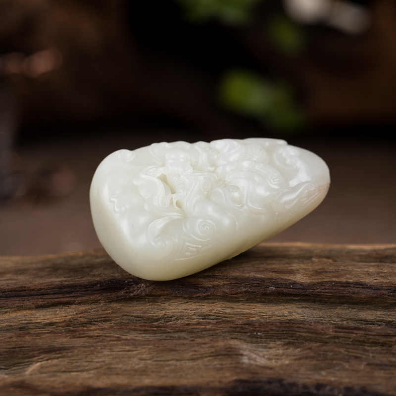 天然籽料和田白玉兽面手把件-红掌柜