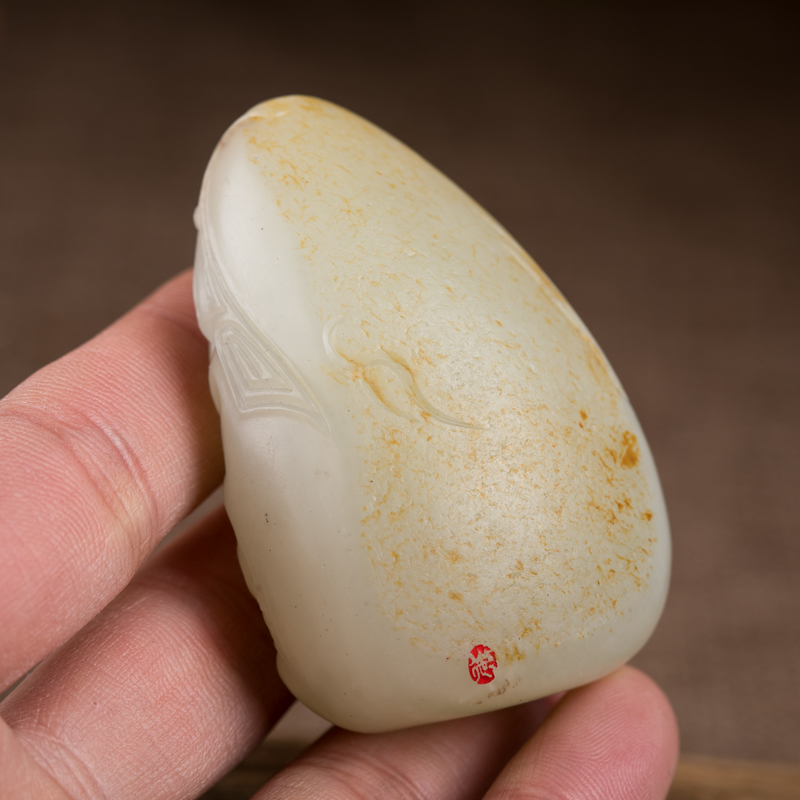 新疆籽料和田白玉兽面手把件-红掌柜