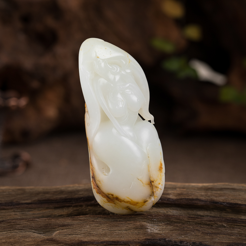 籽料俏色和田玉玉美人吊坠把件两用款-红掌柜