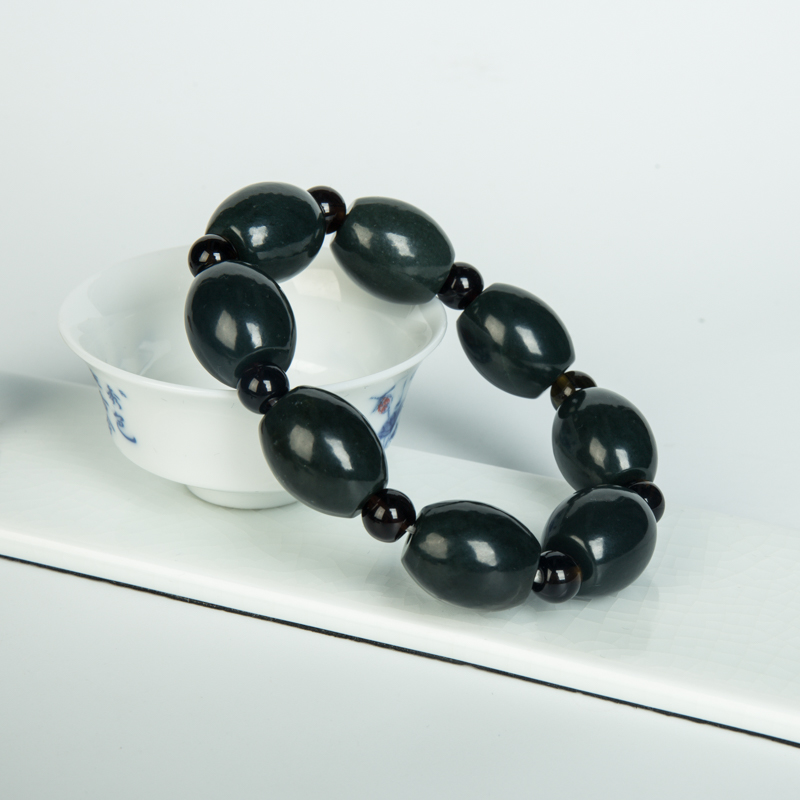和田黑青玉单圈手串-红掌柜