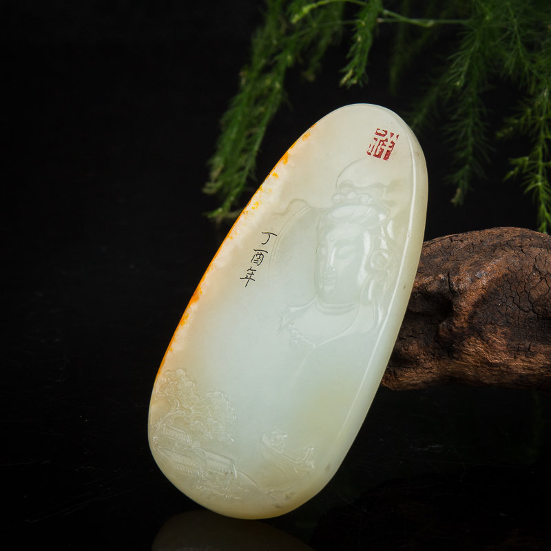 山料天然和田玉观音吊坠-红掌柜