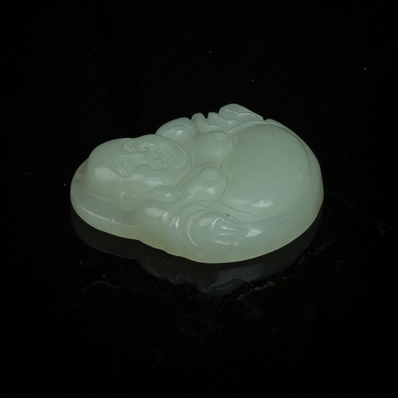 俄罗斯山料和田青白玉弥勒佛吊坠-红掌柜