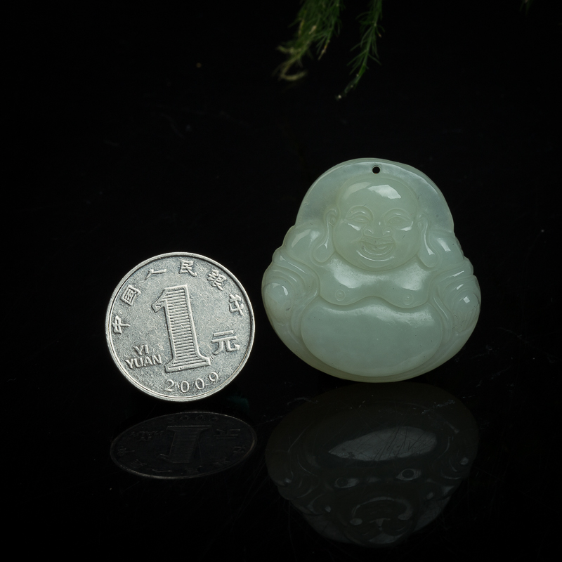 天然俄罗斯山料和田青白玉弥勒佛吊坠-红掌柜