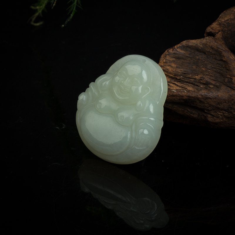 天然和田青白玉弥勒佛吊坠-红掌柜