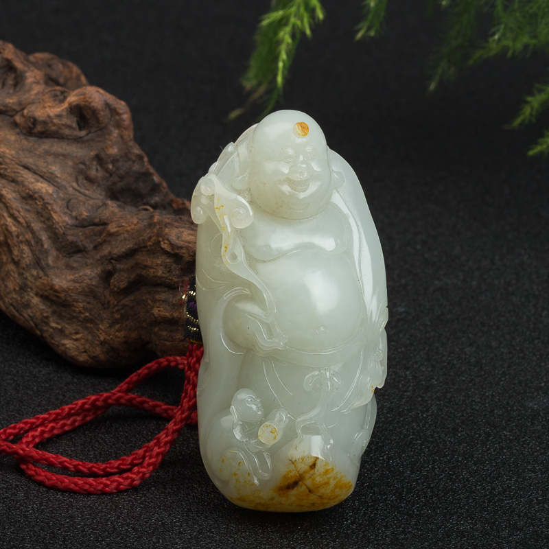 新疆天然籽料和田玉弥勒佛手把件-红掌柜