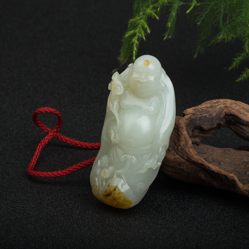 新疆籽料和田玉弥勒佛手把件-红掌柜