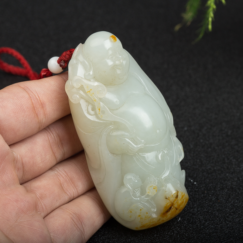 籽料和田玉弥勒佛手把件-红掌柜