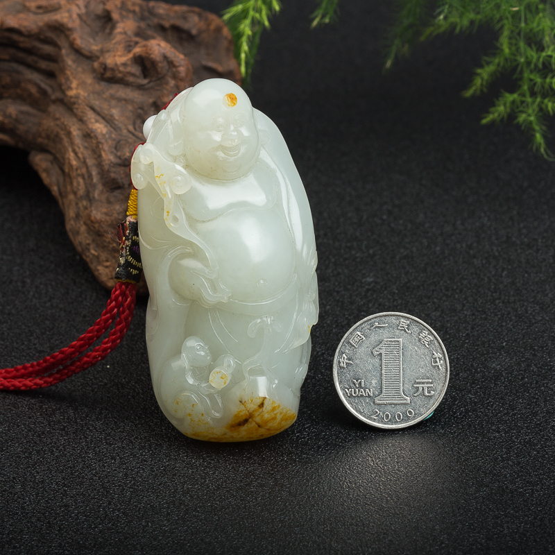 和田玉弥勒佛手把件-红掌柜