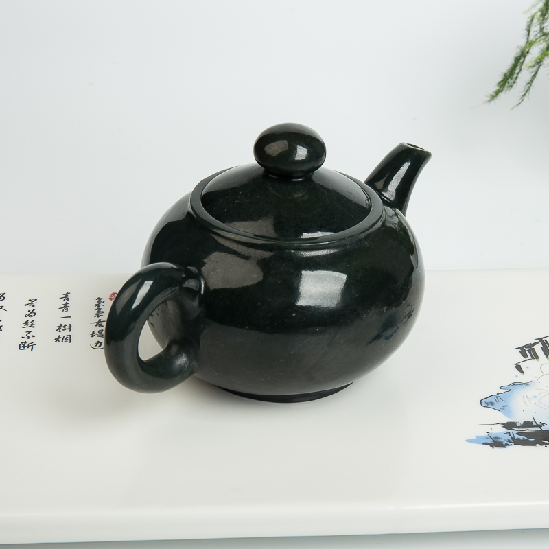 天然新疆和田青玉茶壶摆件-红掌柜