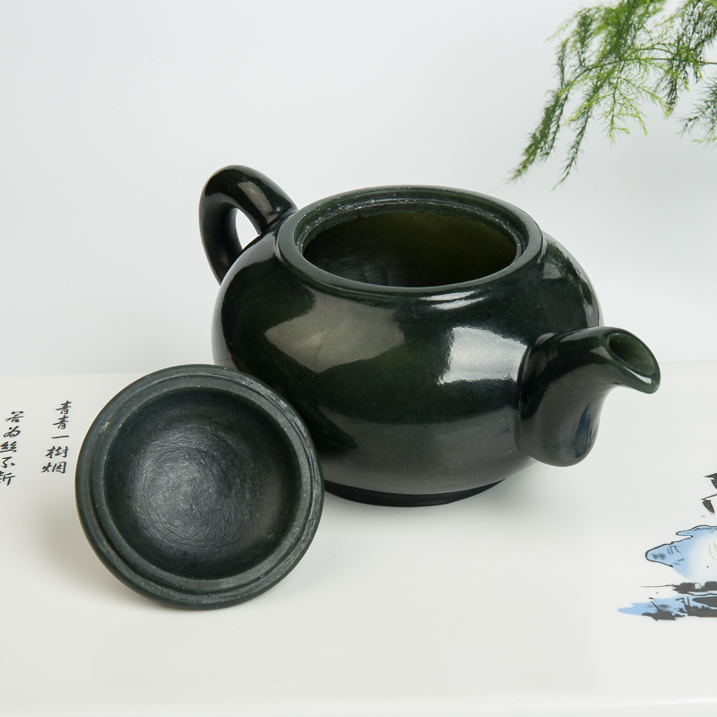 天然新疆和田青玉茶壶摆件-红掌柜