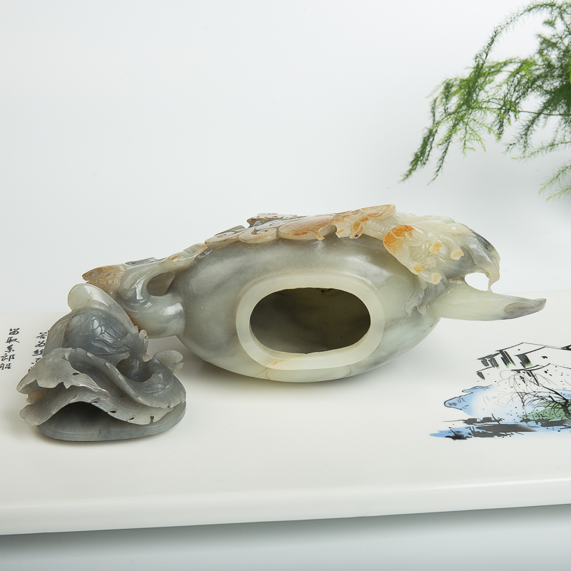 天然俄罗斯和田青花玉腾龙茶壶摆件-红掌柜