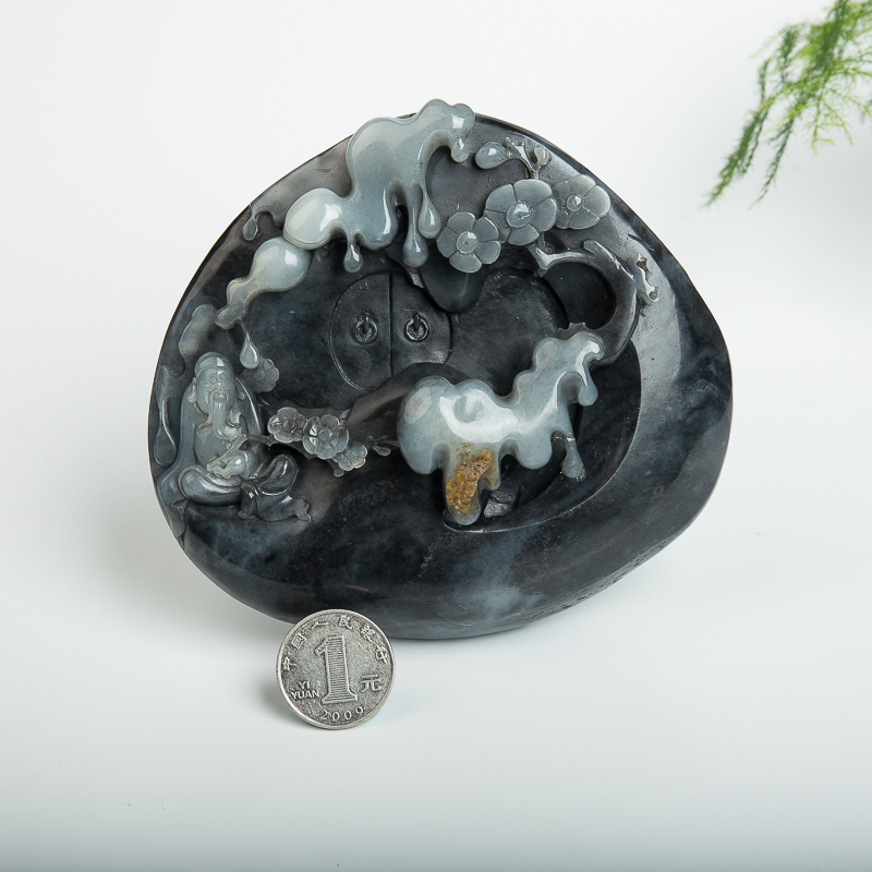 天然俄罗斯山料和田青花玉踏雪寻梅摆件-红掌柜