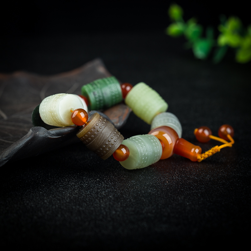 天然山料彩色和田玉桶珠手串-红掌柜