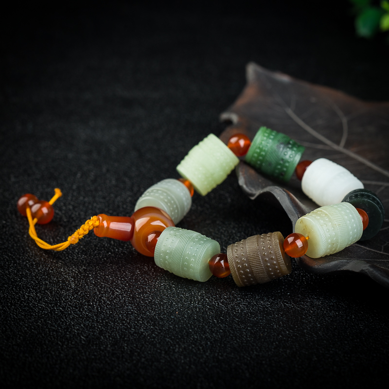 新疆山料彩色和田玉桶珠手串-红掌柜