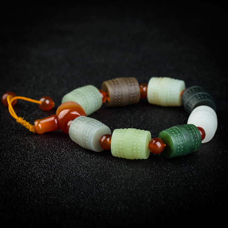 新疆天然彩色和田玉桶珠手串-红掌柜