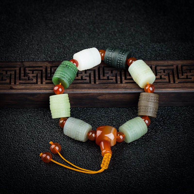 新疆天然山料和田玉桶珠手串-红掌柜