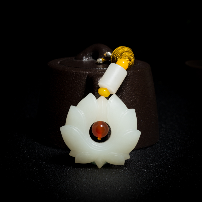 天然缅甸和田白玉花开并蒂吊坠-红掌柜