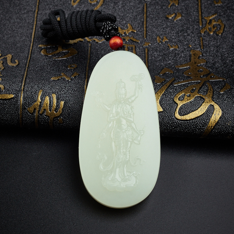 和田玉六臂观音吊坠牌-红掌柜珠宝