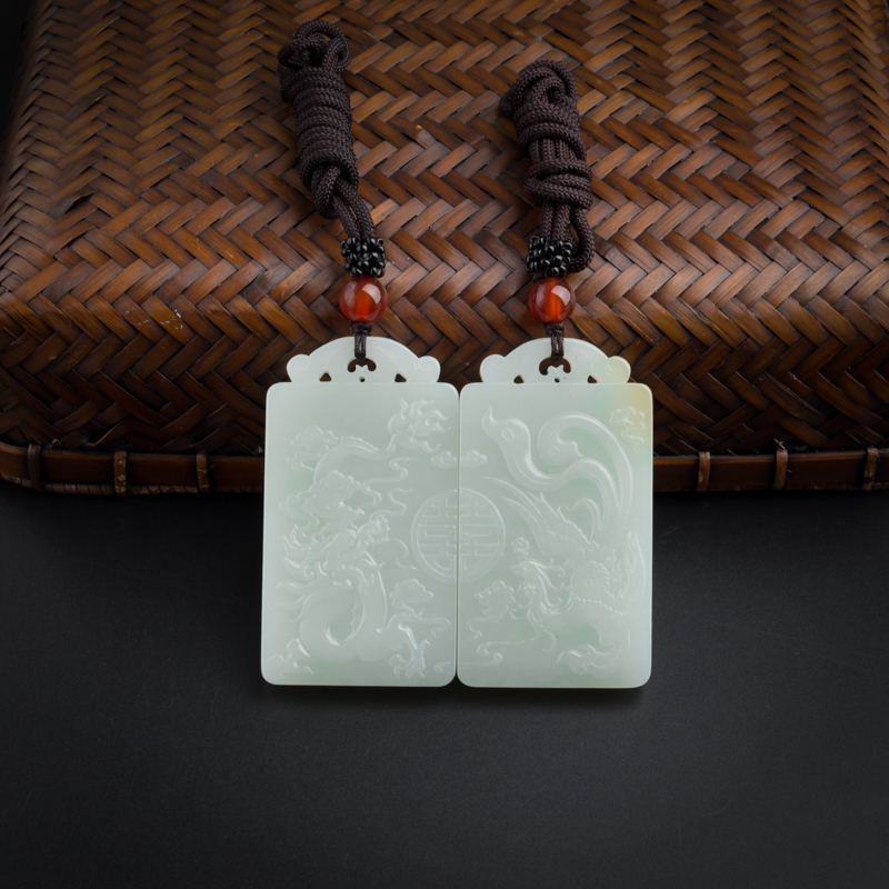 俄料和田玉龙凤对牌吊坠-红掌柜