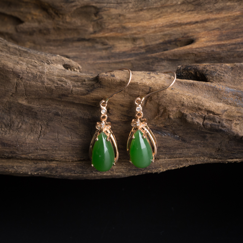 18K金镶和田玉碧玉耳坠-红掌柜