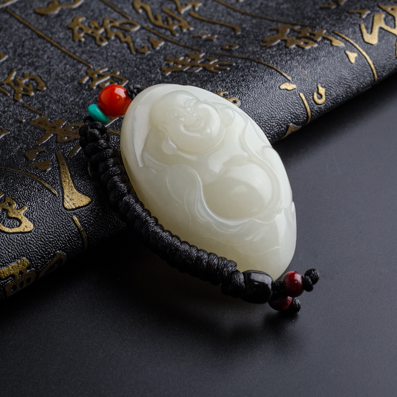 籽料带皮和田玉弥勒佛吊坠 - 红掌柜