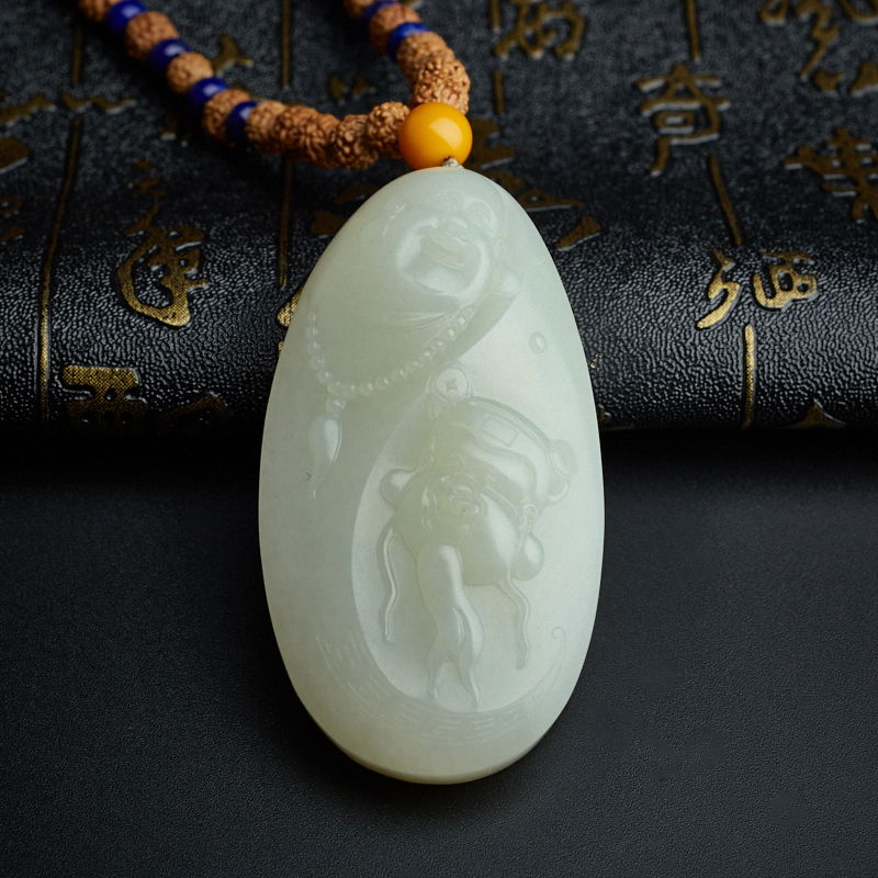 籽料带皮和田玉和气生财吊坠 - 红掌柜