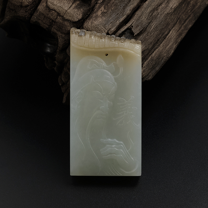 俄料带皮色和田玉关公吊坠 - 红掌柜