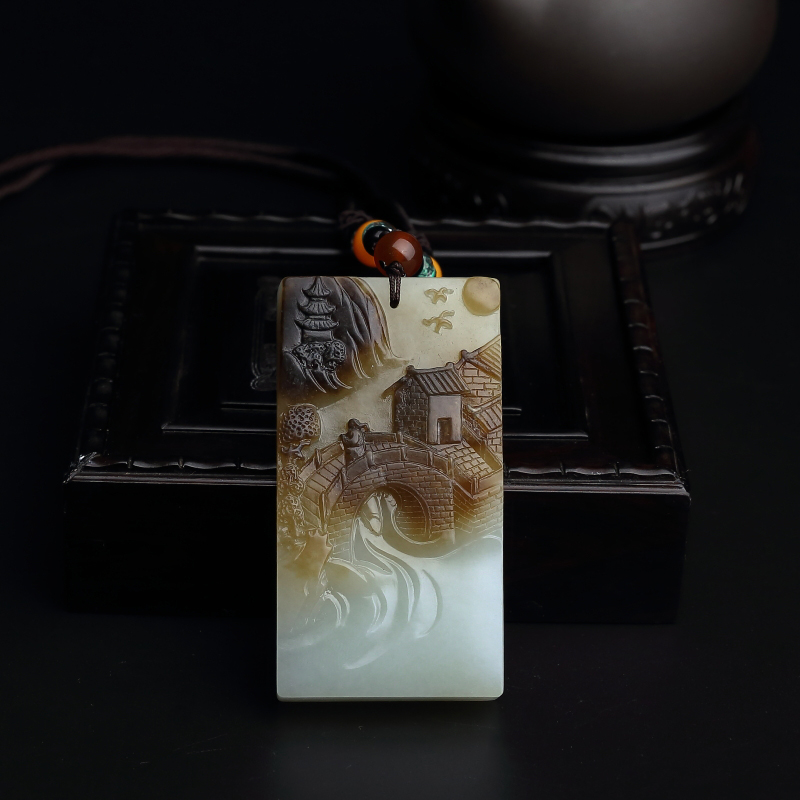 和田玉山水牌吊坠-红掌柜