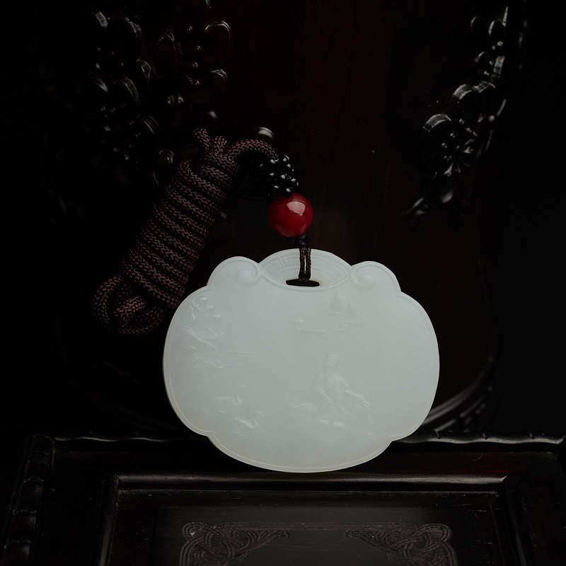 新疆天然和田玉山水平安锁吊坠 - 红掌柜