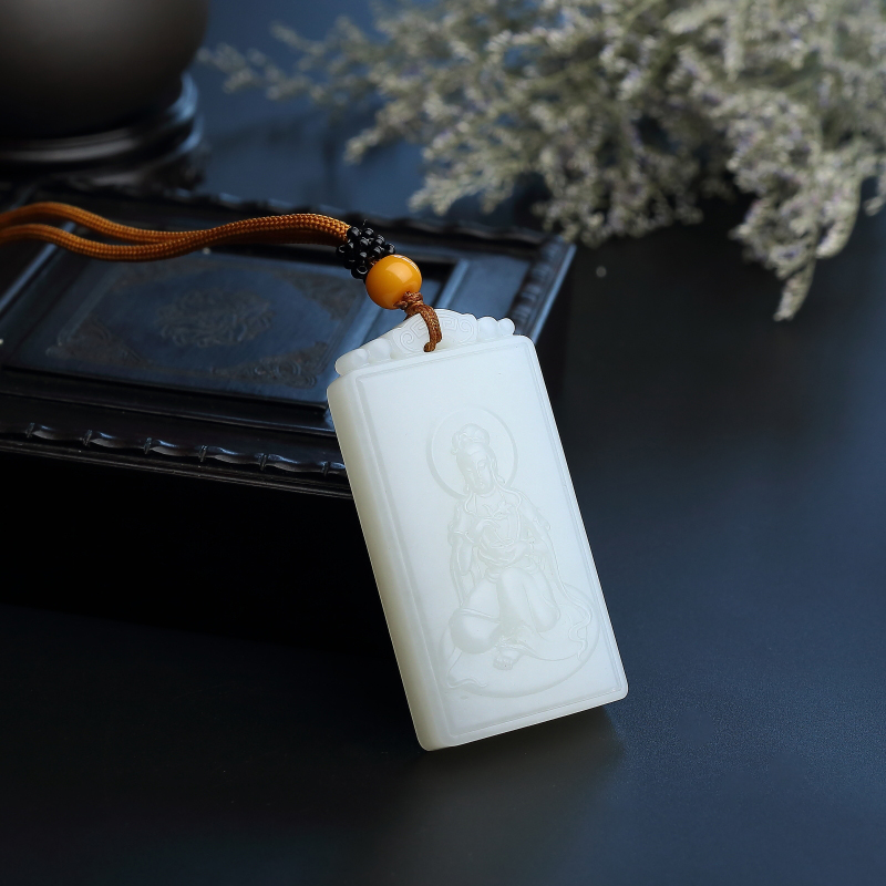 新疆和田羊脂玉观音方牌吊坠 - 红掌柜